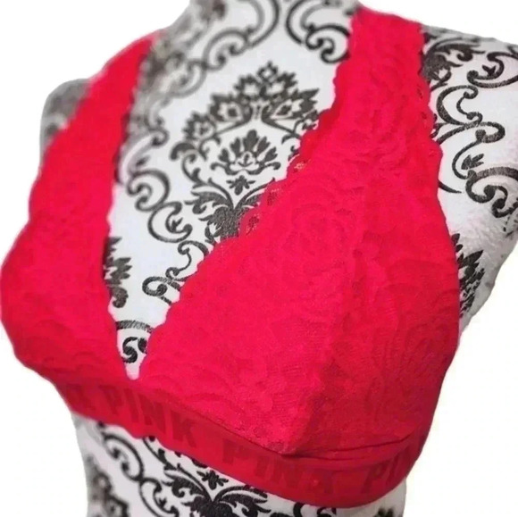 VICTORIA'S Secret Pink Bralette Lipstick Red Lace Logo Band T Back Women's Med - Picture 4 of 11